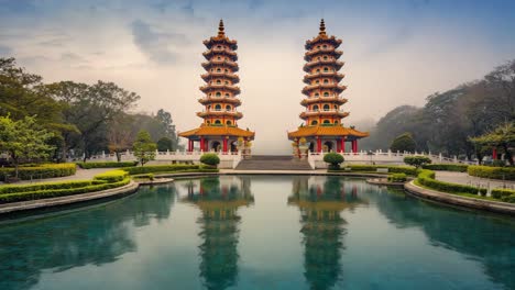 Twin Pagodas Reflected in Tranquil Pond