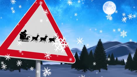 Digital-animation-of-snowflakes-falling-over-black-silhouette-of-santa-claus-in-sleigh-being-pulled-