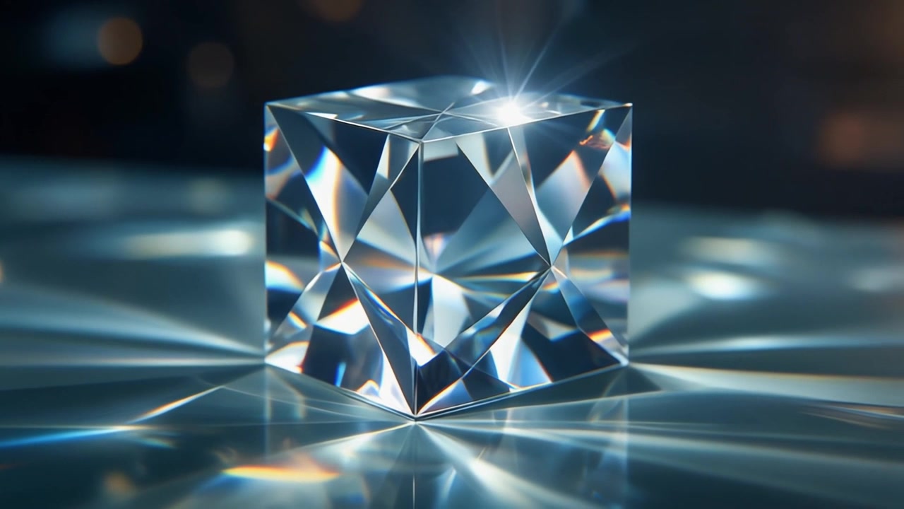 Cubo di Cristallo Sfaccettato che Riflette la Luce su una Superficie Riflettente