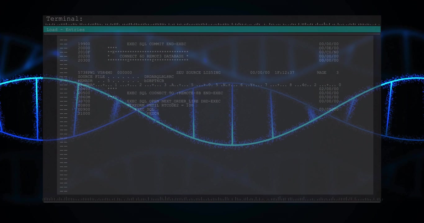 Fading in terminal window displaying COBOL SQL code scrolling and illustrating data processing flow
