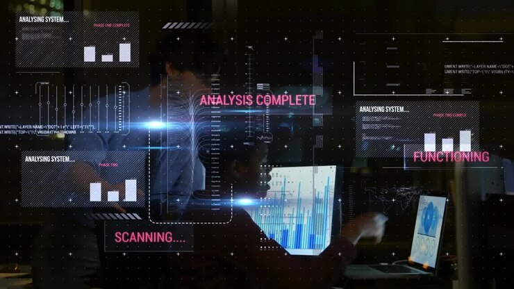 Animation of statistics and data processing over business colleagues using laptop