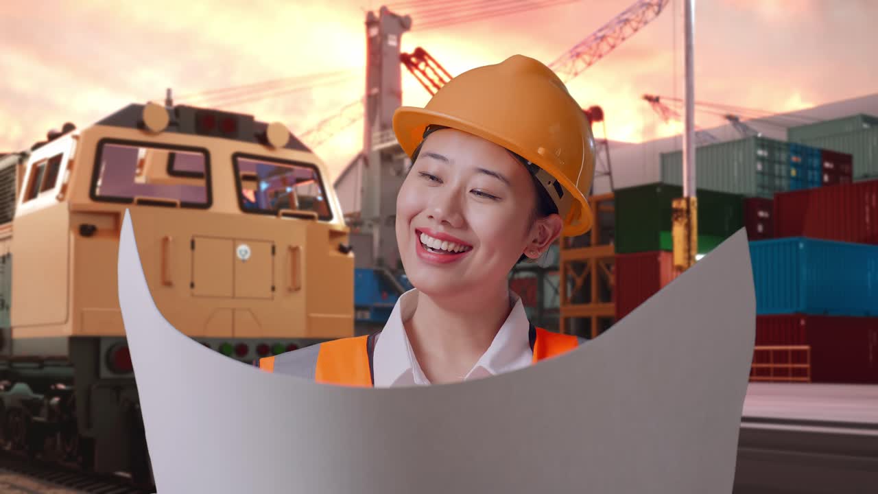Close Up Of Asian Female Engineer With Safety Helmet Looking At Blueprint In Her Hands With Freight Cargo Train At Port