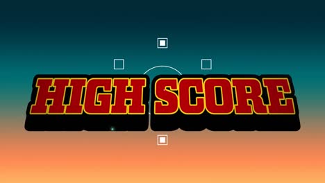 Animation-of-red-text-high-score,-over-explosion-and-white-shapes,-on-orange-and-blue-background