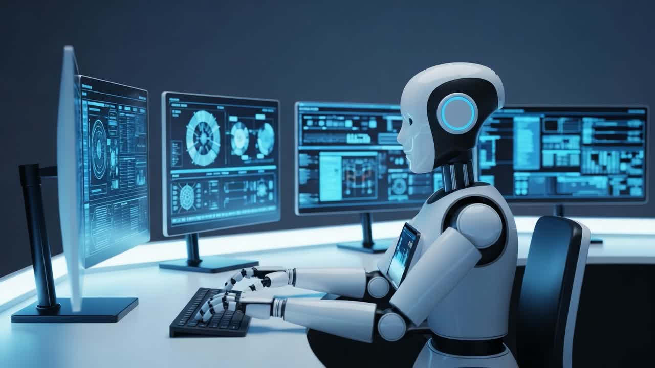 Advanced Robotic System Analyzing Data on Multiple Screens in a Futuristic Control Room Environment with a Focus on Technology and Automation