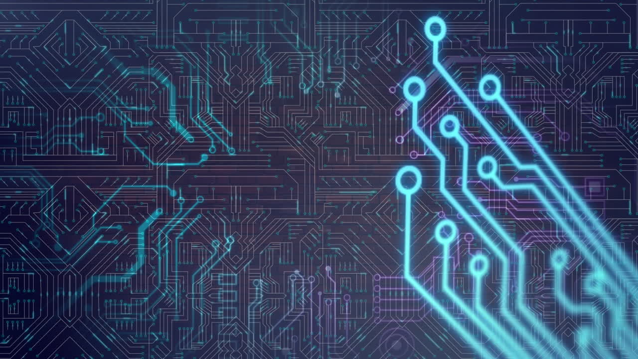 빛나는 컴퓨터 회로판에 데이터 처리의 애니메이션