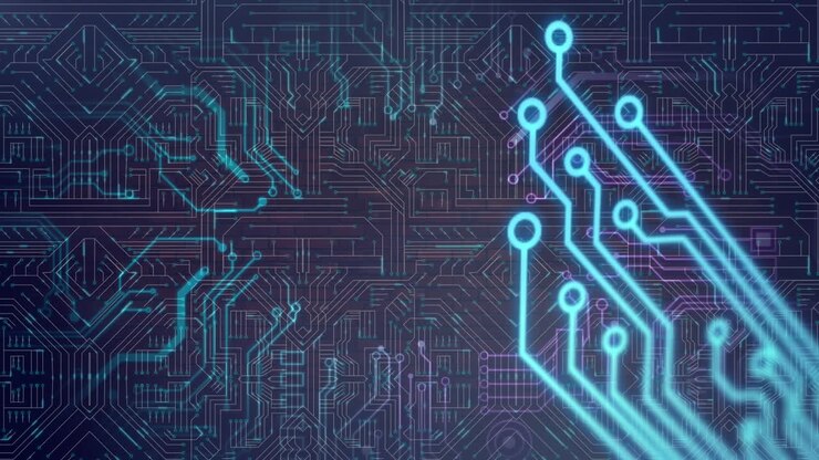Animation of data processing on glowing computer circuit board