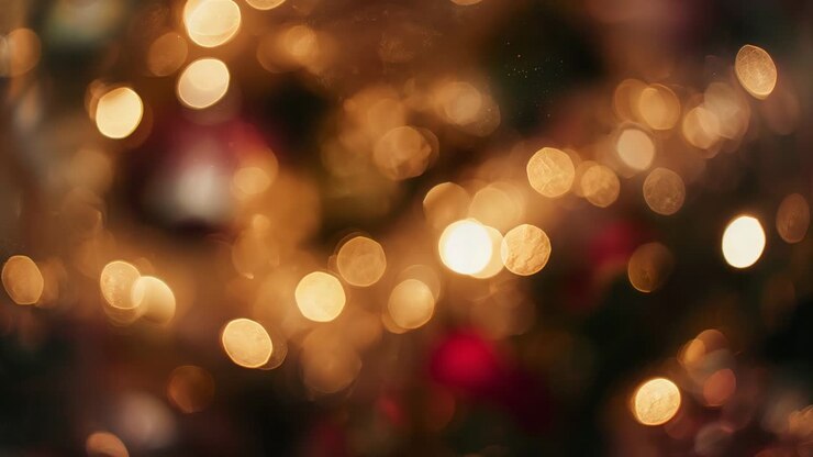 Pulling focus camera revealing tree branch at home, showing warm lights, red baubles, gold tinsel
