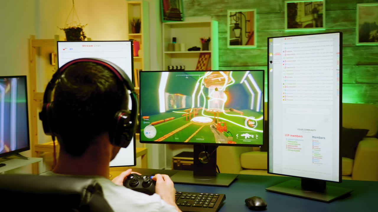 Back view of pro gamer playing shooter game