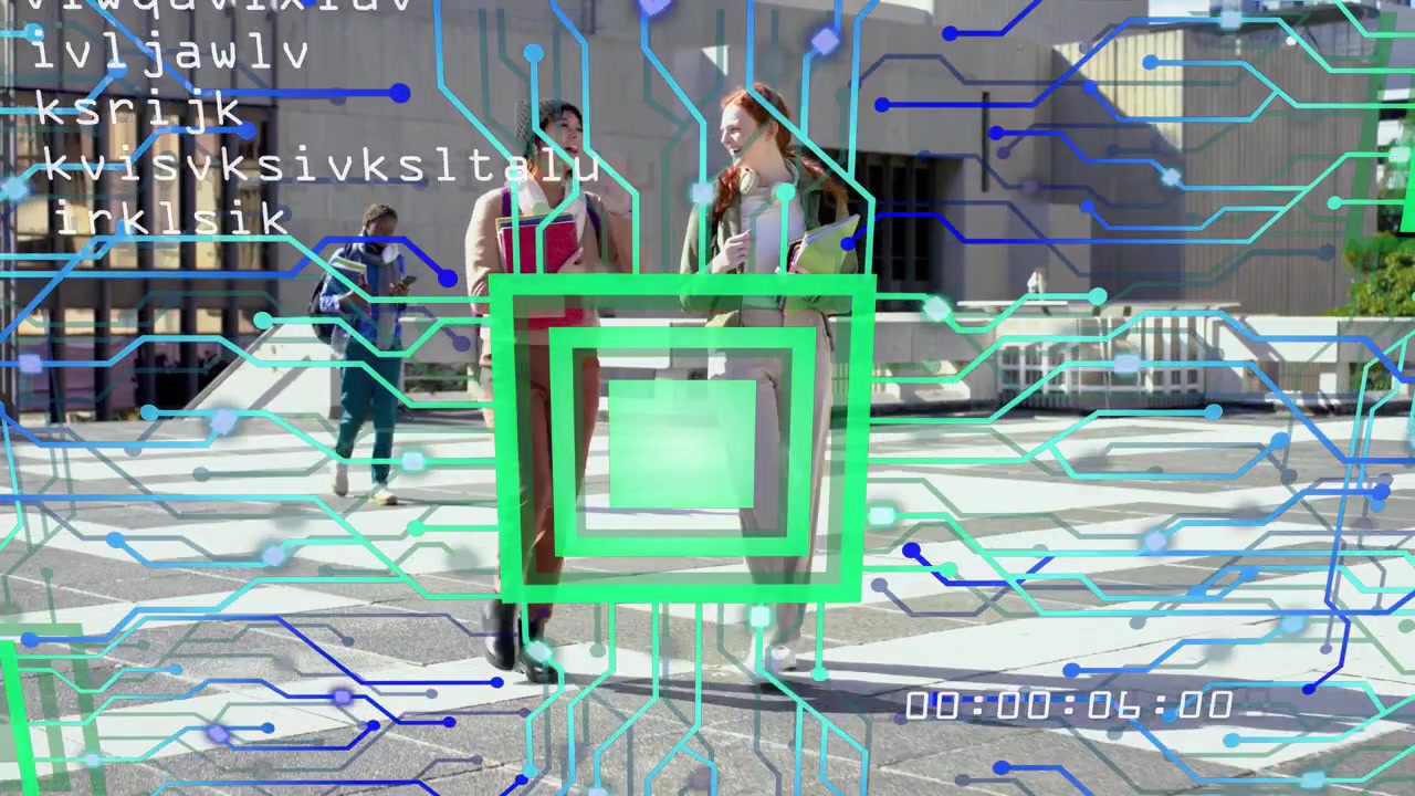 Two women walking on campus, animated square appearing and cycling, showing edtech circuit overlay