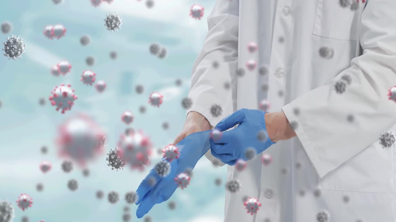 의료 장갑을 입은 백인 남성 의사 위의 코로나 19 세포의 애니메이션