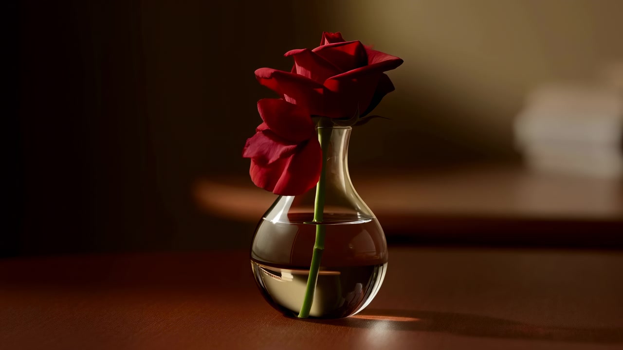 Rosa rossa in vaso di vetro su tavolo di legno, luce morbida e calda, ombre suggestive, profondità di campo ridotta, un singolo petalo che cade.
