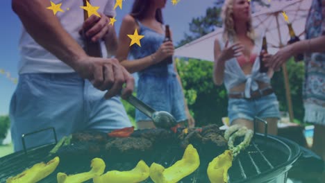 animación de estrellas sobre un grupo de amigos caucásicos teniendo barbacoa y bebiendo cerveza