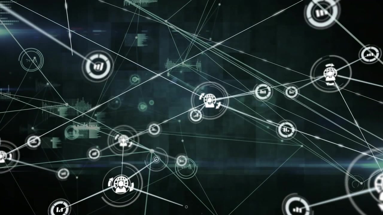 Animation of data processing over network of connections and shapes