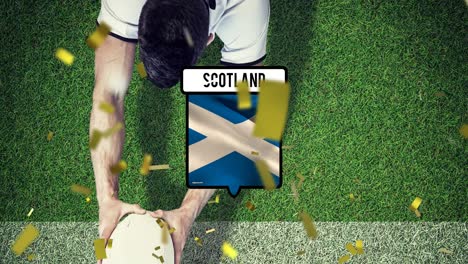 animación de confeti y bandera de escocia sobre un jugador de rugby caucásico con una pelota en el estadio