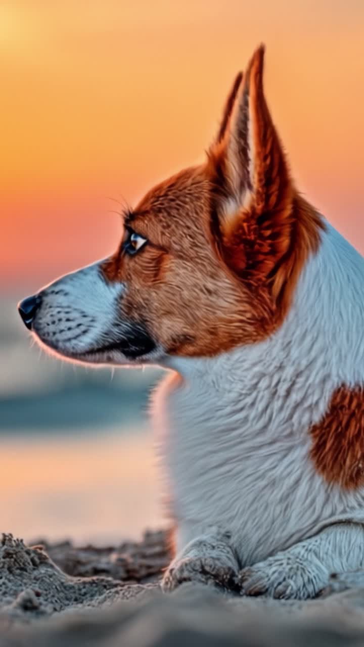 Un bellissimo Corgi che si gode un sereno tramonto in spiaggia, catturando l'essenza pacifica della natura e lo spirito giocoso dei cani in un unico momento mozzafiato