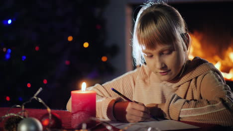 chica rubia escribe una carta en el fondo del árbol de navidad