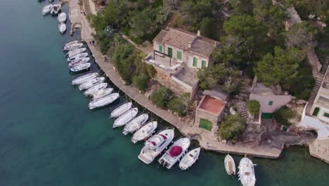 close up shot of traditional house at port de cala figuera mallorca, aerial