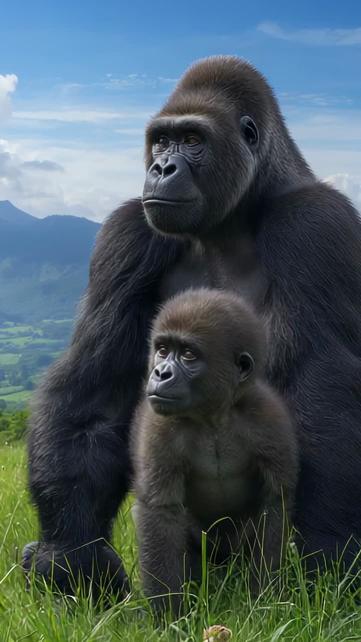 Video verticale: Proteggere un gorilla adulto che insegue un cucciolo che si muove verso sinistra su una collina erbosa con fiori