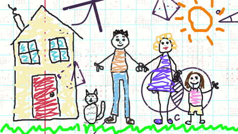 drawing animation of family, house, cat, and sun on graph paper in school