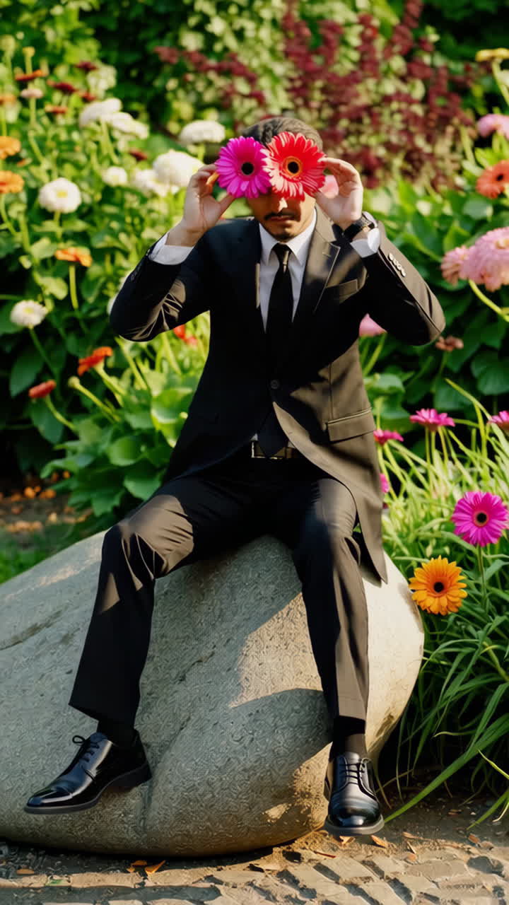 Man in Suit Hiding Eyes with Colorful Flowers in a Garden