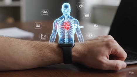 futuristic smartwatch projecting a holographic health and medical data interface