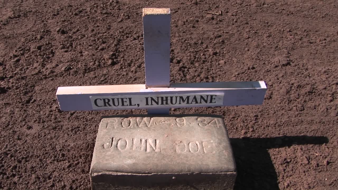 사회적 의식의 표시로 겸손한 묘비와 십자가 표시가있는 들판에 고독한 무덤이 서 있습니다.