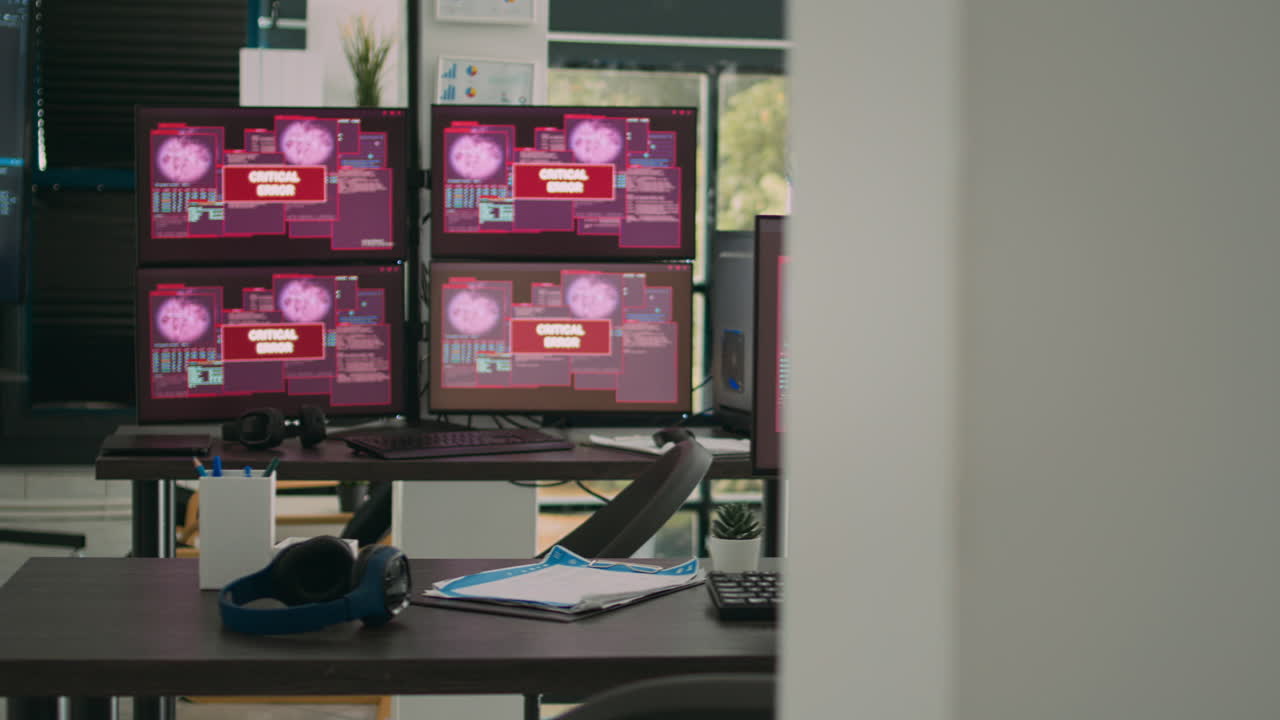 Empty office with computer monitors displaying system error and hacking attack