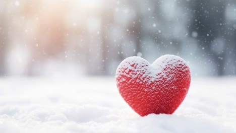 red heart covered in snow resting on a snowy ground, surrounded by a winter landscape with gently falling snowflakes and a softly blurred background, creating a serene atmosphere