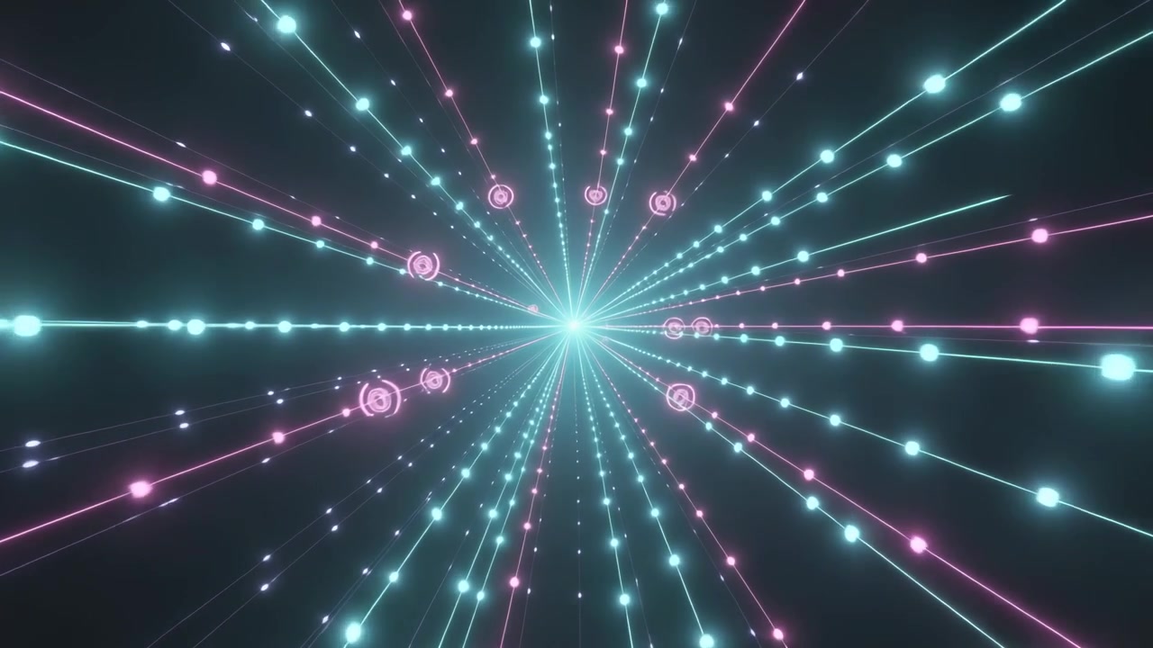 Nucleo centrale pulsante che spinge perline ciano e magenta e glifi ad anello verso l'esterno attraverso un tunnel virtuale