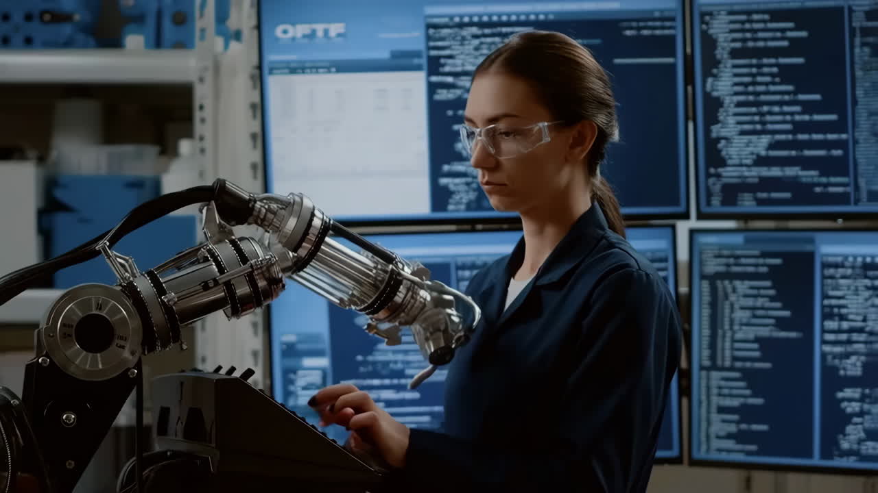 Woman Operating Robotic Arm in a High-Tech Laboratory