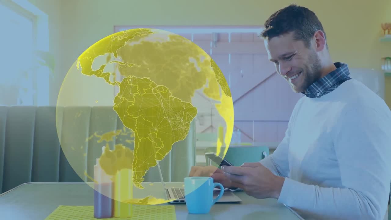 animación del globo girando sobre el hombre usando un teléfono inteligente