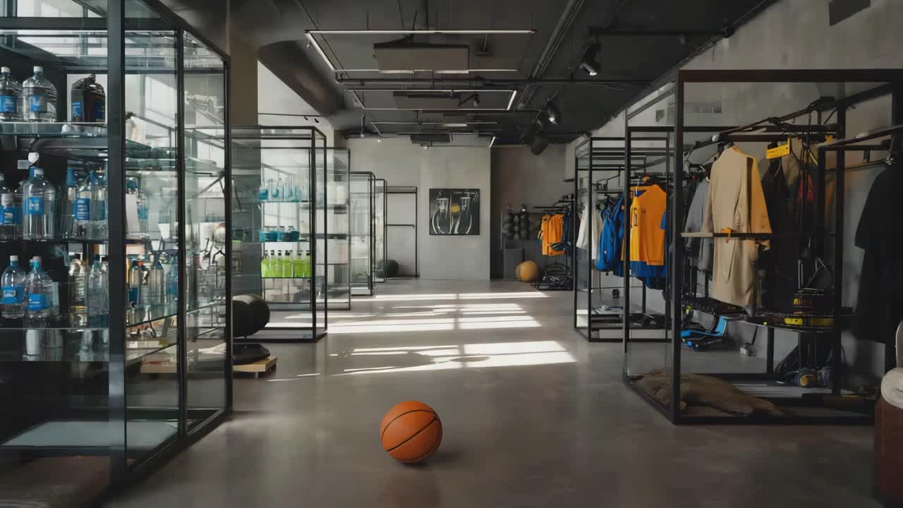 Showroom med basketboll och utställda föremål