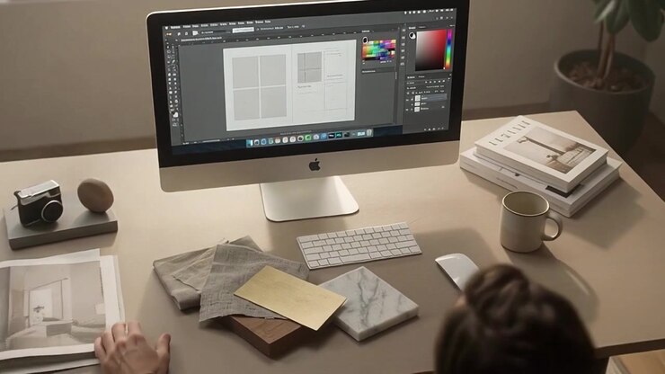 Designer de interiores trabalhando em projeto com amostras de materiais na mesa