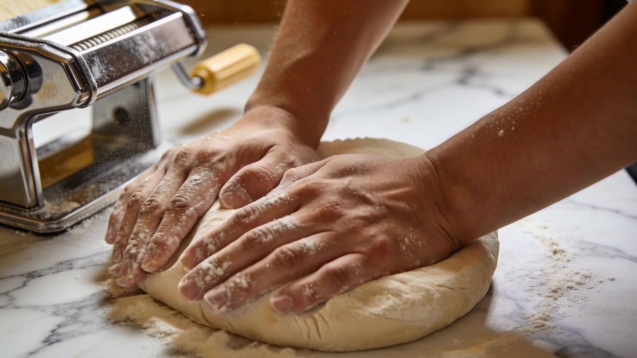Pressing hands folding and kneading dough on marble counter, prepping pasta with machine and roller