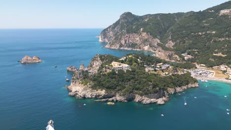 paleokastritsa monastery in corfu, greece - cinematic establishing drone shot