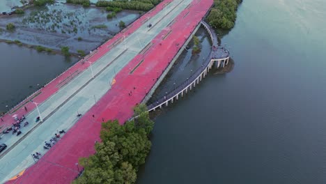aerial of a coastal road with a curved waterfront viewing deck, surrounded by water and mangroves. perfect for travel, urban, and environmental projects