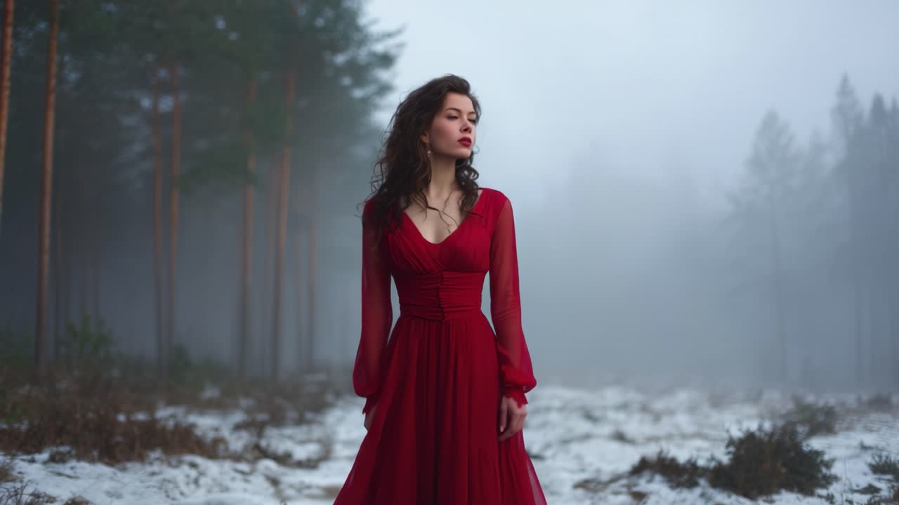 A mysterious figure in a flowing red dress stands in a foggy forest landscape, capturing a moment of ethereal beauty surrounded by nature's calm tranquility