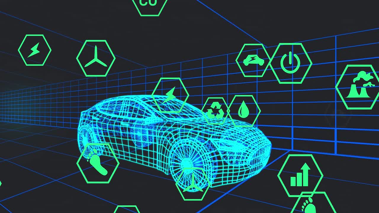 animación de iconos que procesan datos de estado sobre un modelo de coche 3d que se mueve sobre un fondo negro