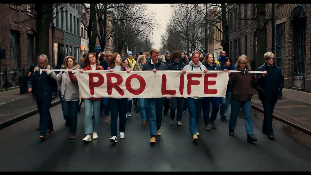 Folk, der marcherer i marts måned mod kameraet på en gade i byen, og holder et PRO LIFE-banner for at protestere