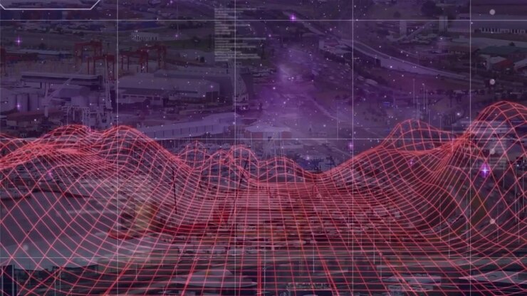 Aerial View of Industrial Port with Digital Data Overlay