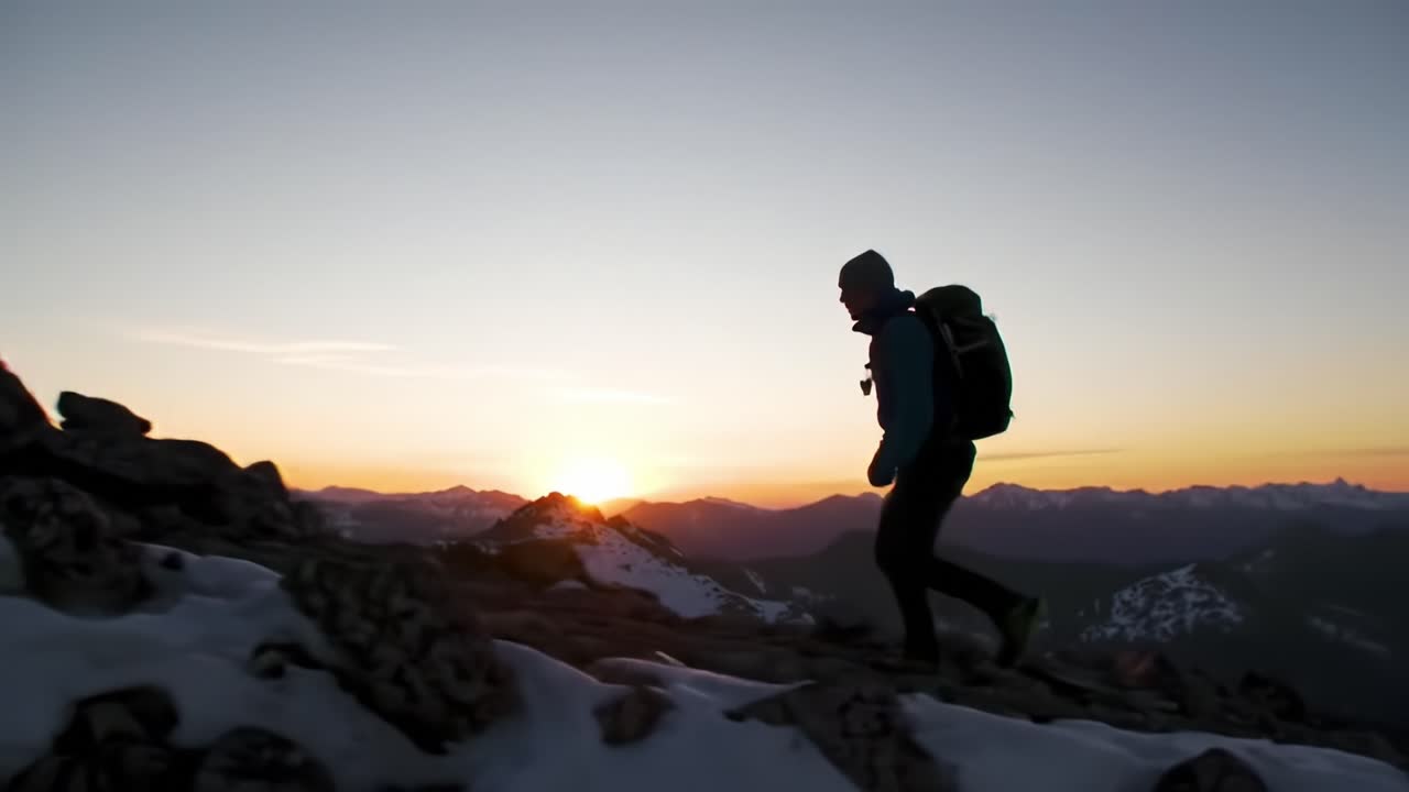 A solitary hiker ascends a mountain trail at sunrise, silhouetted against the vibrant colors of dawn, embodying the spirit of adventure and exploration in the great outdoors.