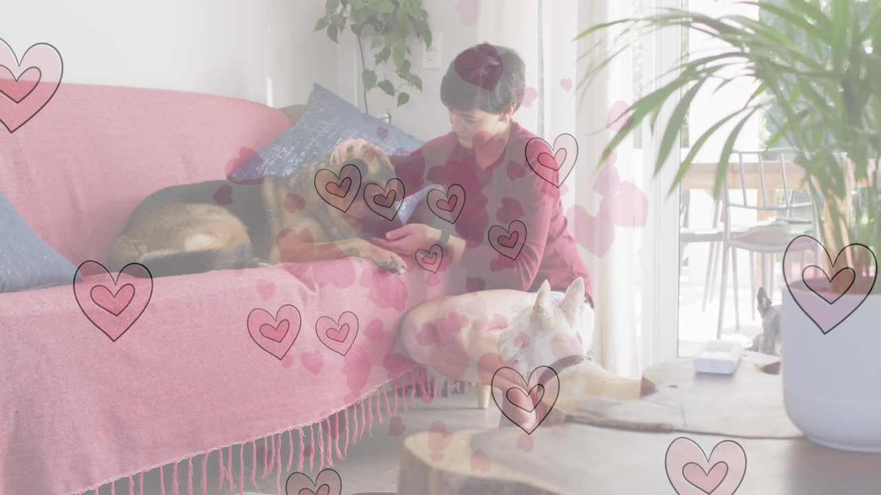 개와 함께 행복한 백인 여성에 대한 심장 이모지 애니메이션