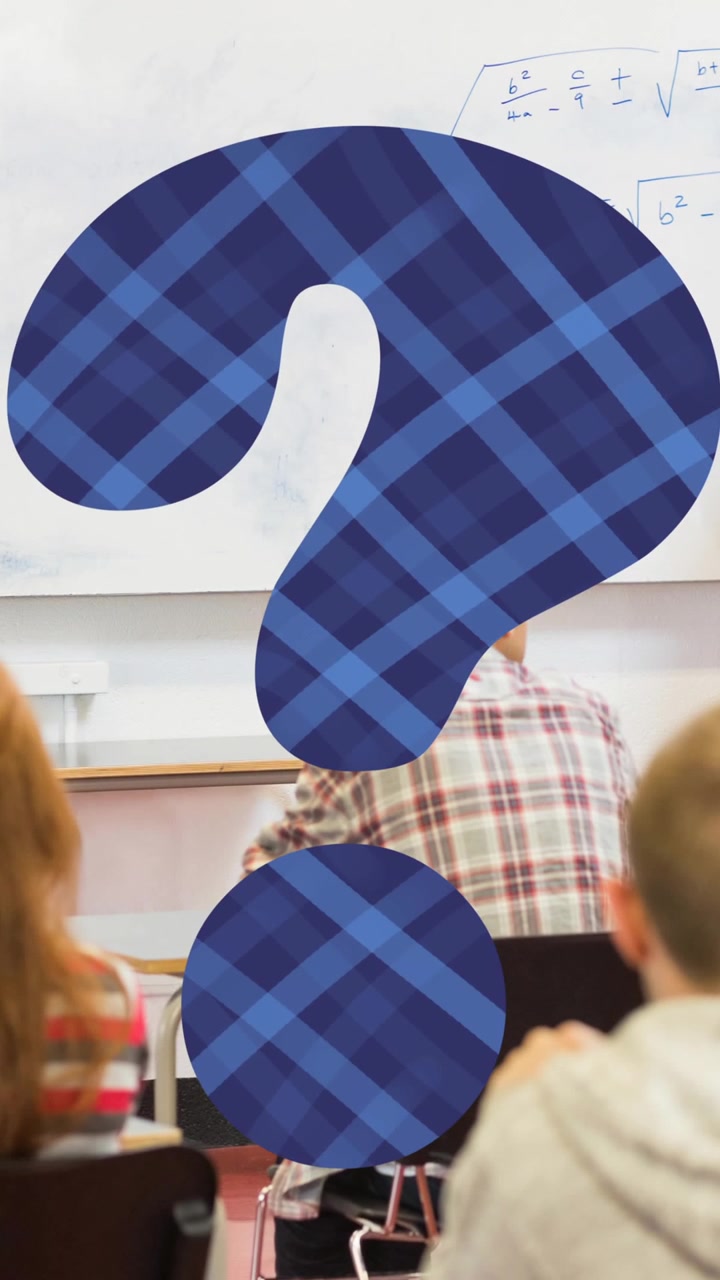 Animation of blue check question mark over male highschool teacher and students in classroom