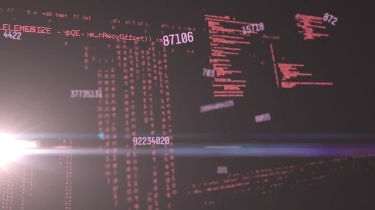 Animation of data processing and digital tunnel with sun on black background