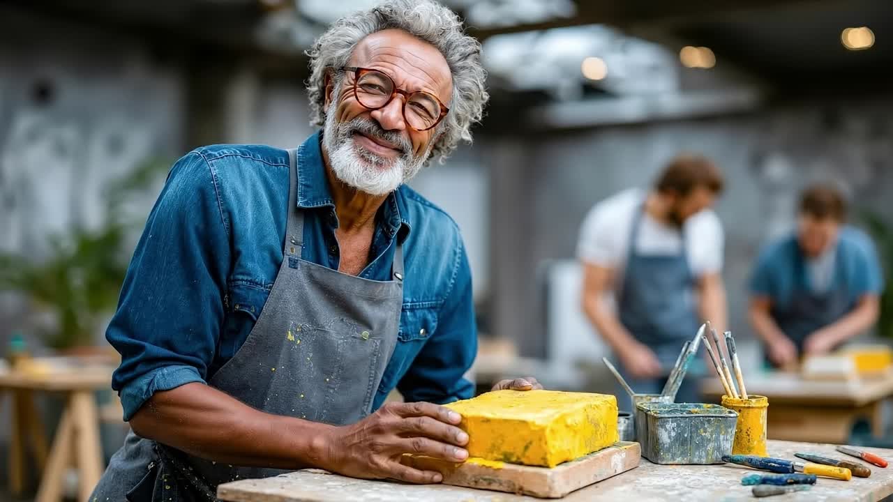 A man in an apron working on a piece of wood in a workshop