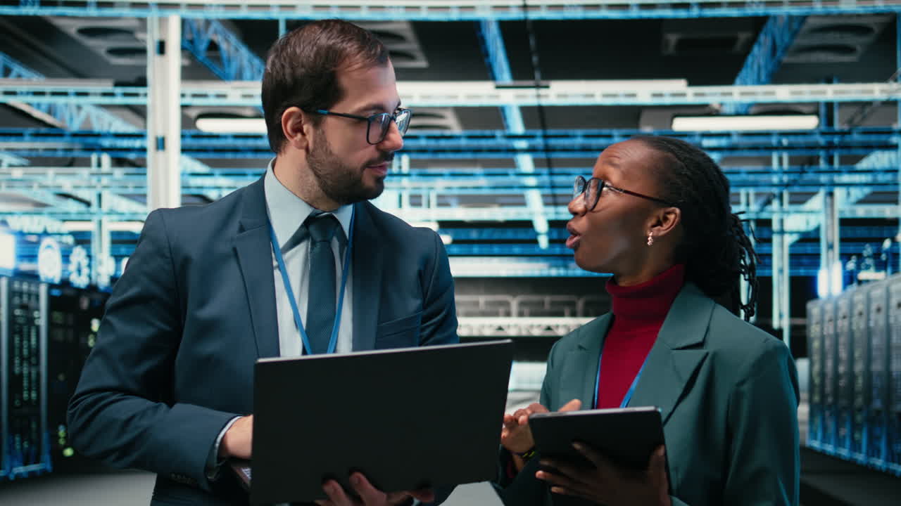 Ingegneri IT che discutono le operazioni di un data center con un portatile e un tablet