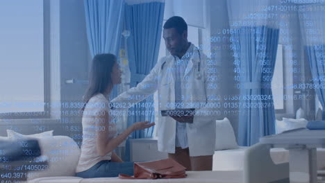 Animation-of-dna-strand-over-diverse-male-doctor-and-patient-in-hospital