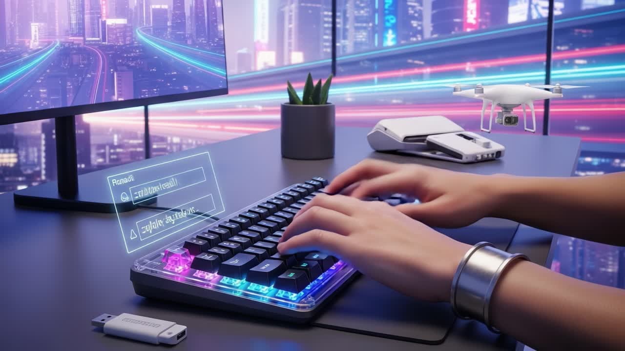 A modern workspace showcases a high-tech keyboard being used in a vibrant, futuristic environment with a drone and glowing cityscape backdrop, enhancing productivity and creativity.
