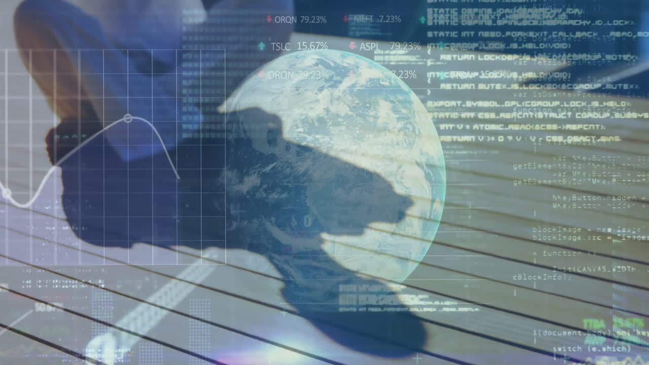 animación de datos y gráficos y estadísticas con el globo girando sobre una mujer caucásica meditando