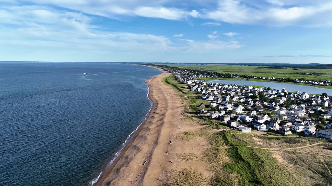 Aerial view of Plum Island beach in Massachusetts on a cloudy summer day